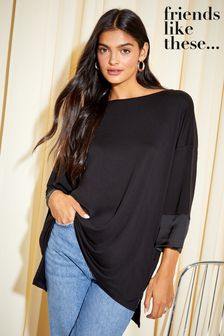 Friends Like These Black Soft Jersey Long Sleeve Satin Trim Tunic Top (K22678) | AED139
