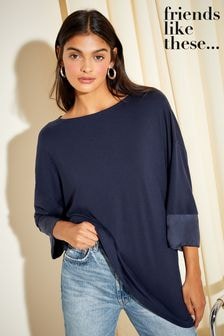 Friends Like These Navy Blue Soft Jersey Long Sleeve Satin Trim Tunic Top (K22681) | $43