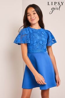 Lipsy Cobalt Blue 2-In-1 Flutter Sleeve Lace Occasion Dress (K22747) | $81 - $94