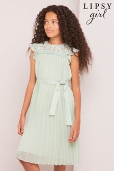 Lipsy Sage Green Lace Yolk Pleated Occasion Dress (K22796) | €29 - €35