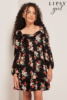 Lipsy Black Floral Crinkle Jersey Square Neck Dress (K22811) | $55 - $71