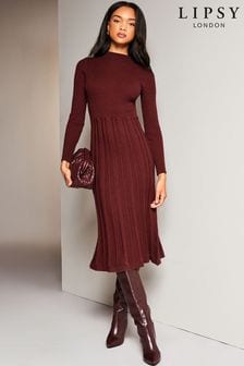 Lipsy Berry Red Long Sleeve Fit and Flare Cable Knitted Dress (K22865) | €66