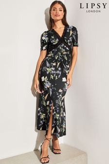 Lipsy Black Floral Jersey Short Sleeve Lace Underbust Midi Dress (K23108) | €25
