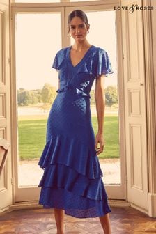 Love & Roses Cobalt Blue Cape Flutter Sleeve Ruffle V Neck Tiered Summer Maxi Dress (K23138) | €37