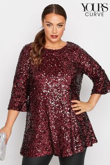Yours Curve Red London Sequin Fluted Sleeve Top (K23282) | €25