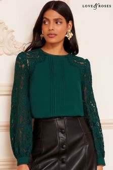 Love & Roses Green Petite Tie Back Long Sleeve Lace Blouse (K23316) | €24