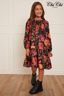 Chi Chi London Black Multi Long Sleeve Floral Smock Dress - Older Girls (K23542) | €59