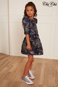 Chi Chi London Navy Blue Long Sleeve Jacquard Mini Dress - Younger Girls (K23544) | €72