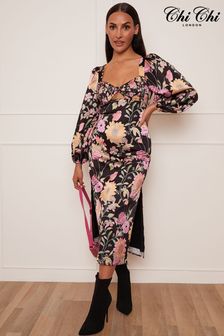 Chi Chi London Black Multi Petite Long Sleeve Cut Out Detail Floral Midi Dress (K23555) | 47 €
