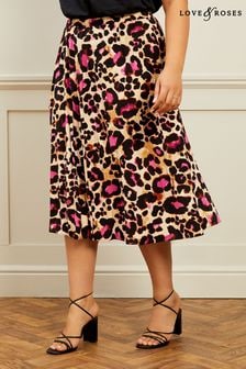 Love & Roses Neutral Animal Curve Pleated Summer Midi Skirt (K23830) | €20