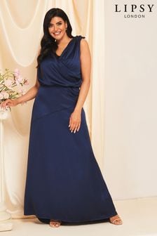 Azul marino - Vestido de dama de honor con diseño drapeado en satén Maisie de Lipsy (K23832) | 80 €