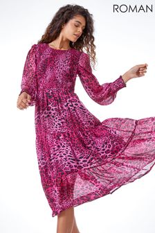 Roman Pink Animal Print Shirred Midi Dress (K23991) | 60 €