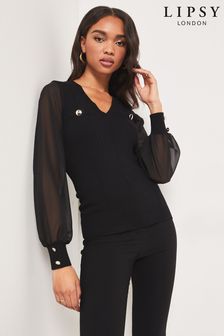 Lipsy Black Chiffon Sleeve V Neck Knitted Jumper (K24235) | $59