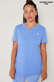 Victoria's Secret PINK Cornflour Blue Cotton ShortSleeve Henley Campus TShirt (K24507) | kr389