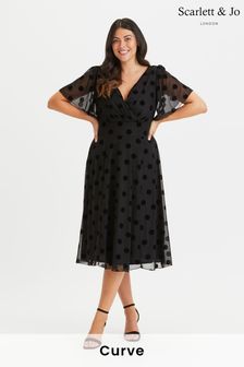 Scarlett & Jo Black Curve Victoria Flock Angel Sleeve Mesh Midi Dress (K24590) | $132