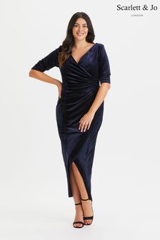 Scarlett & Jo Navy Blue Curve Velvet Maxi Bodycon Dress (K24598) | $116