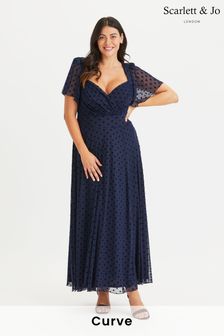 Scarlett & Jo Navy Blue Curve Kemi Spot Print Bolero Wrap Bodice Maxi Dress (K24601) | 316 zł