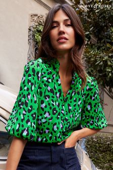Love & Roses Green Animal Ruffle V Neck 3/4 Sleeve Button Up Blouse (K25021) | R792