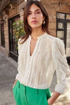 Love & Roses Ivory Embroidered Frill Notch Neck Blouse (K25157) | $67
