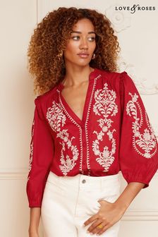 Love & Roses Red Ruffle V Neck Contrast Broderie Button Up 3/4 Sleeve Blouse (K25354) | €50
