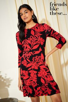 Friends Like These Red Floral Fit And Flare Round Neck 3/4 Sleeve Dress (K25827) | SGD 53