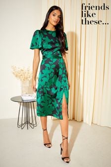 Friends Like These Dark Green Floral Flutter Sleeve Printed Satin Midi Summer Dress (K25837) | AED266