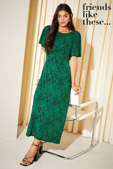 Friends Like These Green Animal Flutter Sleeve Round Neck Midi Dress (K25841) | AED222