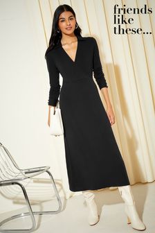 Friends Like These Black Long Sleeve Jersey Wrap Midi Dress (K25848) | OMR20