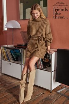 Friends Like These Camel Ribbed Roll Neck Belted Long Sleeve Mini Dress (K25862) | €57