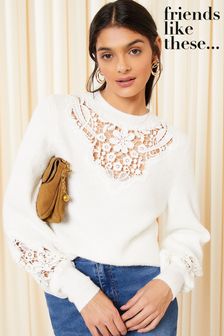 Friends Like These Ivory White Crew Neck Lace Detail Rib Jumper (K25872) | AED233
