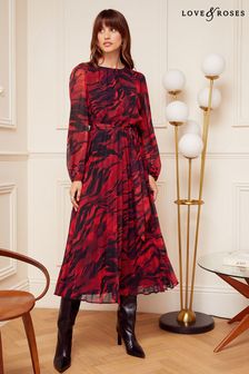 Love & Roses Printed Belted Pleated Long Sleeve Midi Dress