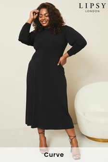 Lipsy Black Curve Jersey Long Puff Sleeve Midi Dress (K25945) | kr556