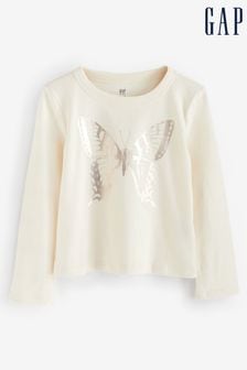 Metaliczna koszulka z okrągłym dekoltem i długim rękawem Gap z bawełny organicznej z motywem motyli (4-13 lat) (K25974) | 65 zł