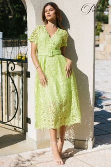 Lipsy Green Premium V Neck Belted Lace Short Puff Sleeve Midi Dress (K26266) | €43