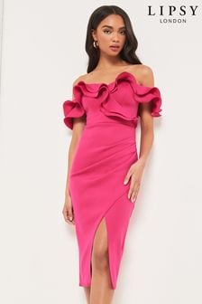 Lipsy Pink Ruffle Bardot Midi Dress (K26492) | INR 6,047
