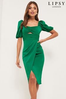 Lipsy Green Cut Out Sweetheart Neck Puff Sleeve Midi Dress (K26500) | €29.50
