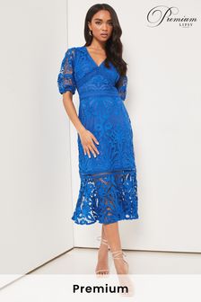 Lipsy Blue Petite Premium Lace V Neck Puff Sleeve Midi Dress (K26667) | $293