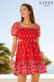 Lipsy Red Broderie Square Neck Cut Out Shirred Puff Sleeve Mini Dress (K26795) | €29