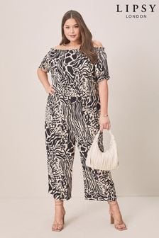 Lipsy Black Curve Printed Bardot Off Shoulder Puff Sleeve Jumpsuit (K26820) | 29 €