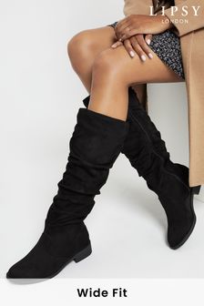 Lipsy Black Suedette Wide FIt Suedette Ruched Flat Knee Boot (K26833) | €25