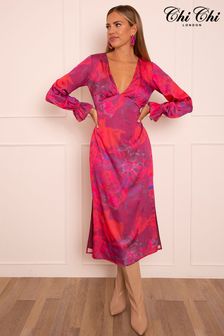 Chi Chi London Red & Purple Long Sleeve V Neck Floral Dress (K26840) | 78 €