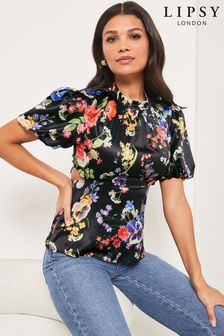 Lipsy Black Rainbow Floral Puff Sleeve Cut Out Top (K27204) | €21