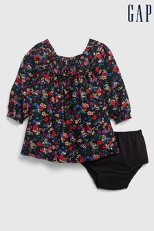 Gap Black and Red Smocked Floral Long Sleeve Round Neck Baby Dress Set (K27925) | €13.50