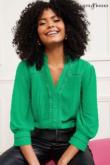 Love & Roses Green Dobby Lace Trim Button Up Blouse (K28647) | $54