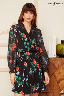 Love & Roses Black Floral Jersey Mix Long Sleeve Mini Dress (K28803) | €57