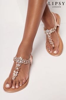 Růžovo zlatá - Kožené sandály Lipsy na nízkém podpatku zdobené kamínky (K29045) | 990 Kč