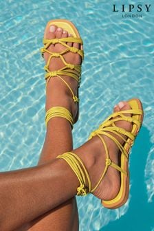Lipsy Yellow Knot Ankle Tie Cross Strappy Leather Flat Sandals (K29062) | €19