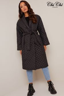 Chi Chi London Black Diamond Quilted Longline Belted Coat (K29080) | €54