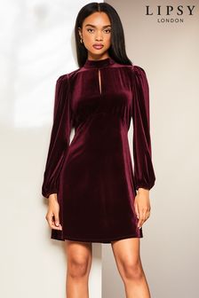 Lipsy Berry Red Velvet Long Sleeve High Neck Key Hole Mini Dress (K30005) | €36