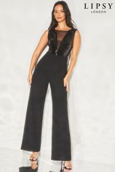 Lipsy Black Sleeveless Sequin Mesh Plunge Wide Leg Jumpsuit (K30146) | €44